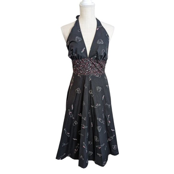Lapis Black Pink Polka Dot Retro Halter Dress - Picture 1 of 4